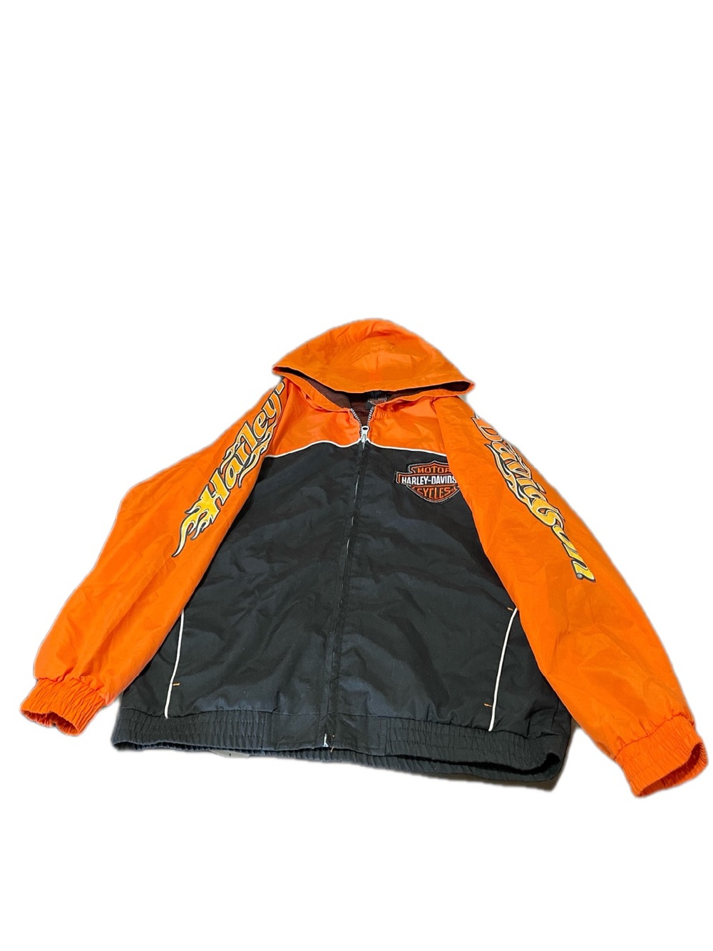 Harley-Davidson Jacket Orange Black Hooded Logo Flame Windbreaker Zip
